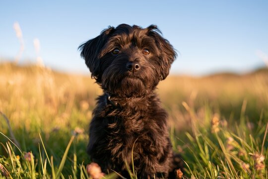Portrait of a small black Yorkipoo in a sunlit summer meadow