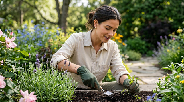 Smiling woman pulling weeds in a lush flower bed. Happy female gardener working with a trowel and gloves on a sunny summer day