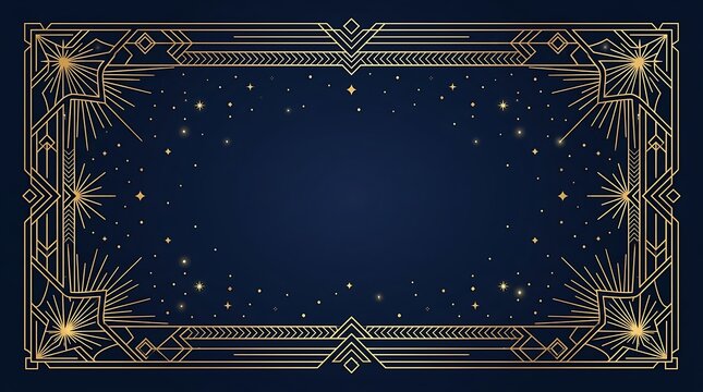 Art deco frame with golden geometric lines and starburst elements on a dark blue background, luxury vintage border design
