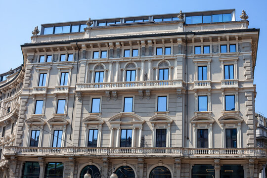 Palazzo Broggi Historic Neoclassical Building Facade View in Piazza Cordusio Milan Italy.