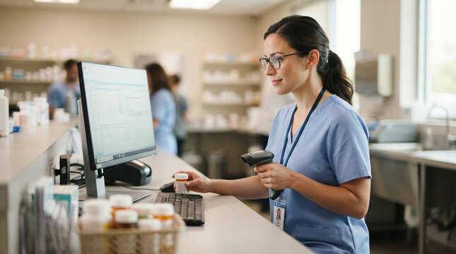 Female pharmacy worker scans medicine bottle behind a modern dispensary counter