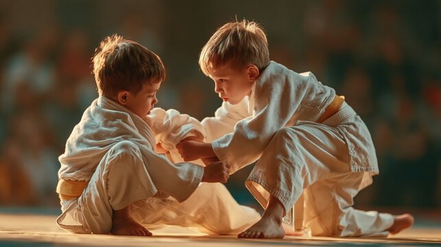 Two young children in white karate gis practice a grappling move on a wooden dojo floor with warm lighting, while the blurred.