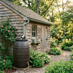 Obraz premium Weathered wooden shed and rain barrel stand among ferns and climbing roses