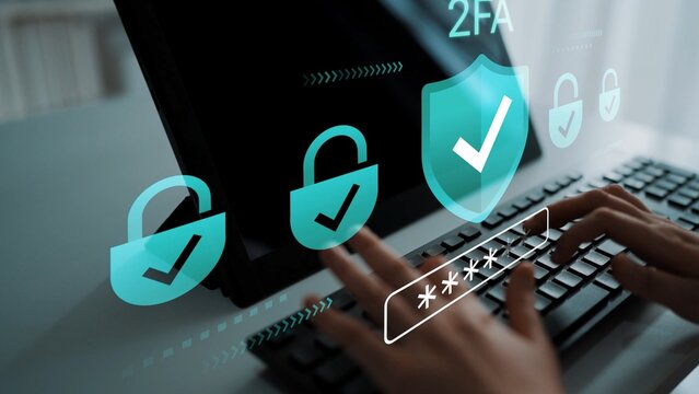 Secure Authentication with Two-Factor Verification Symbols Displayed on Computer Screen while User Types Password on Keyboard in Modern Office Setting Gluon.