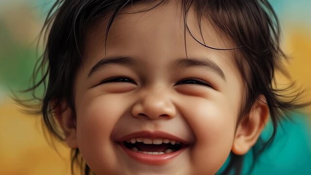 Happy baby portrait smiling toddler face joyful child closeup with colorful blurred background