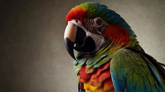 Colorful Parrot Portrait, Tropical Bird Head Close Up, Soft Neutral Background