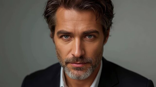 Male Portrait Gray Beard in Dark Suit, Serious Face, Studio Headshot