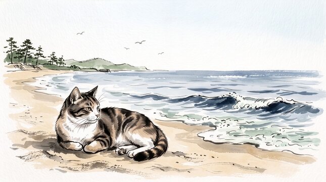 Watercolor style illustration of a cat resting on a sandy beach