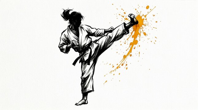 Sumi-e style silhouette illustration of a female karate fighter kicking
