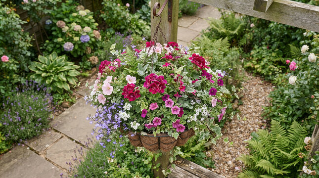 A hanging basket filled with flowering plants is the primary subject under soft natural daylight