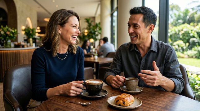 Happy couple talking and drinking coffee at a cafe. Smiling man and woman chatting over breakfast pastry in a modern restaurant