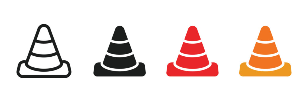 traffic cone icon set in different styles for road safety