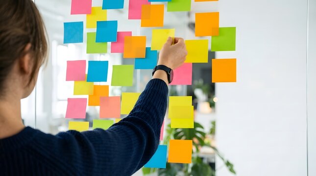 Person placing colorful sticky notes on glass wall for business project planning session.