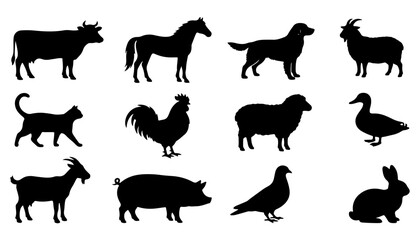 Obraz premium Farm Animal Silhouettes Vector Set: Cow, Horse, Dog, Ram, Cat, Rooster, Sheep, Duck, Goat, Pig, Pigeon, and Rabbit Icons for Agriculture, Livestock, and Pet Branding