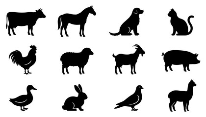 Fototapeta premium Farm Animal Silhouettes Vector Set: Cow, Horse, Dog, Sitting Cat, Rooster, Sheep, Goat, Pig, Duck, Rabbit, Pigeon, and Alpaca Icons for Agriculture, Livestock, and Pet Branding