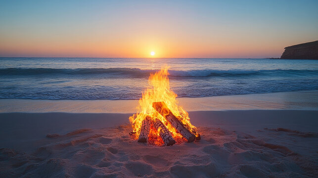Bonfire on a sandy beach at sunset with calm ocean waves and warm sky.