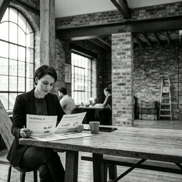 Woman comparing two proposals at a large wooden table in a brick office with arched windows