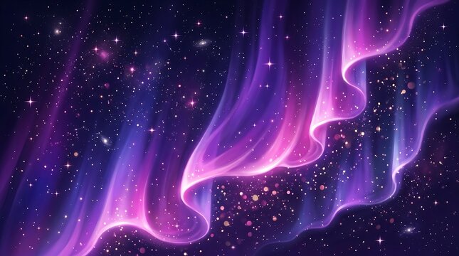 Abstract cosmic background with glowing purple and pink aurora borealis waves and sparkling stars in deep space