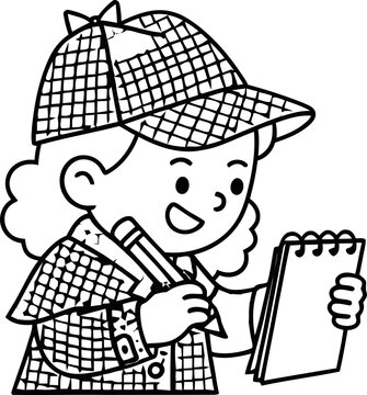 Cartoon Detective Girl Writing Notes in Notebook, Wearing Deerstalker Hat and Trench Coat