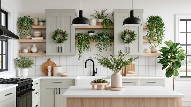 Modern kitchen interior featuring green cabinetry, open shelving with plants, and a central island with decorative items and a black faucet in a bright, airy space