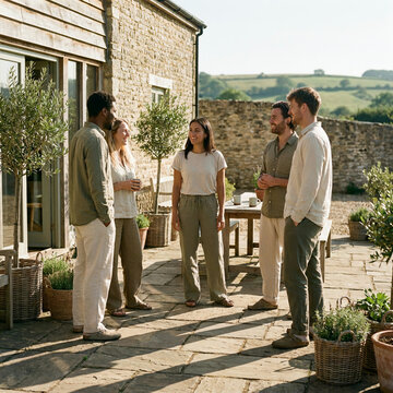 Four people conversing on a sunny stone patio surrounded by potted olive trees