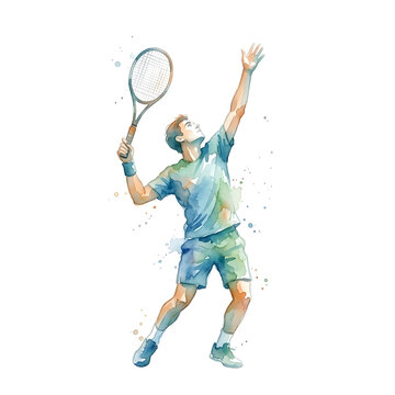 Male tennis athlete reaches up to serve the ball in a minimalist watercolor painting illustration.