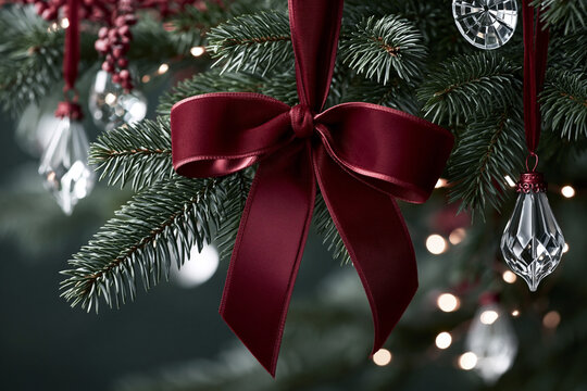 Close-up of a Christmas tree branch adorned with a deep red satin bow and crystal ornaments, surrounded by soft white lights creating a festive atmosphere