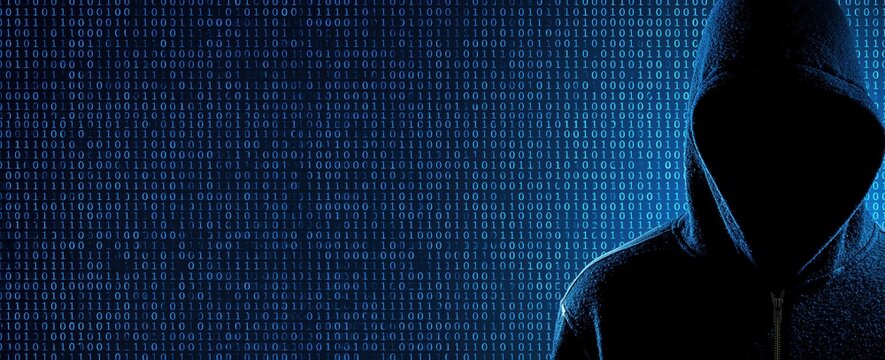 Hacker in anonymous silhouette standing against digital binary code for privacy