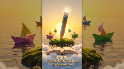 Happy children day conceptual art with floating paper boats and open book © Create of God