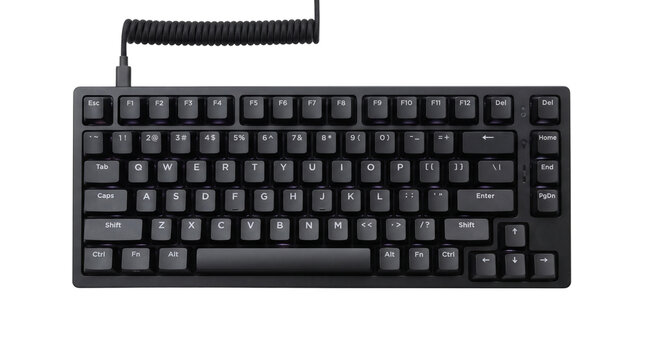 Sleek black mechanical computer keyboard featuring a coiled braided cable on a clean white isolated background