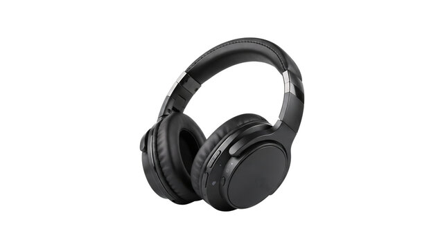 Modern black wireless headphones featuring plush leather ear cushions isolated on a clean white background studio