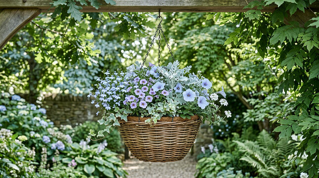 A hanging wicker basket filled with flowers is suspended from a wooden archway within a lush