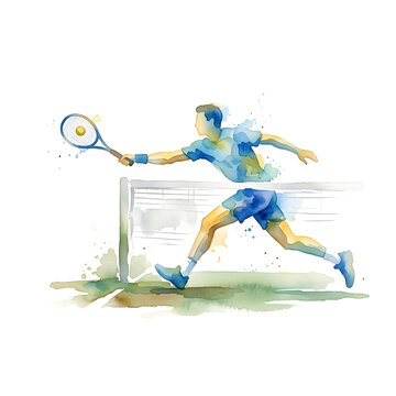 Male tennis player lunges horizontally across the net in a striking blue watercolor style.