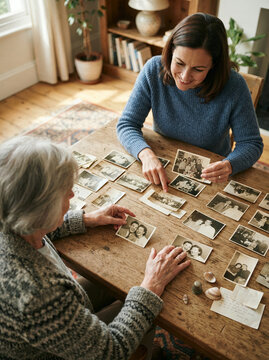 Older and younger women arranging family photographs across a wooden table