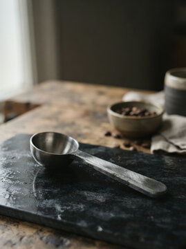 Metal measuring spoon beside coffee beans and container on a rustic table