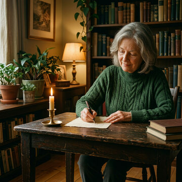 An elderly woman with gray hair is sitting at a wooden desk writing with a pen