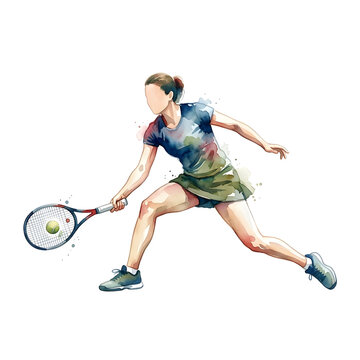 Tennis player swings low to strike a fast incoming ball on the court in watercolor style.