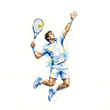 Tennis player jumps high into the air to execute a powerful smash serve in watercolor art.