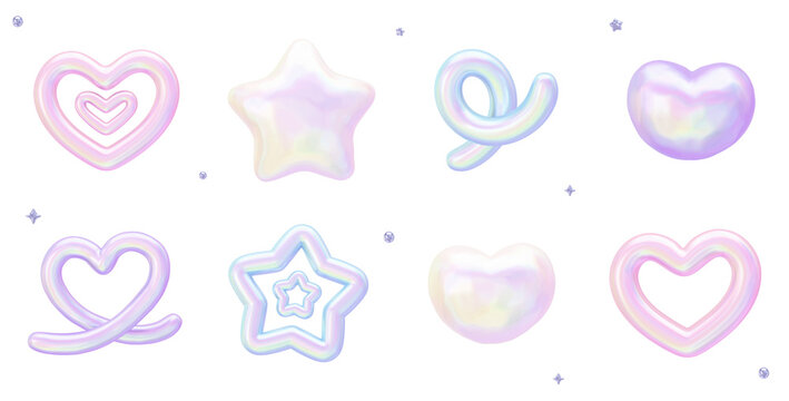 Aurora Pastel Holographic Collection - Dreamy Heart & Star Icon Set - Transparent 3D PNG Elements