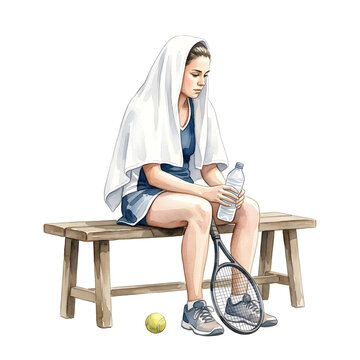 Tennis player resting on a wooden bench with a towel over her head after a hard game.