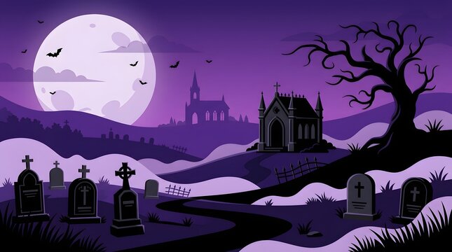A spooky halloween graveyard scene featuring a large full moon silhouette trees and a dark gothic church background