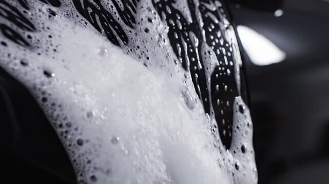 A car is being cleaned with foam and soap in a garage. Foam is covering the surface as water sprays to remove dirt and grime from the paint
