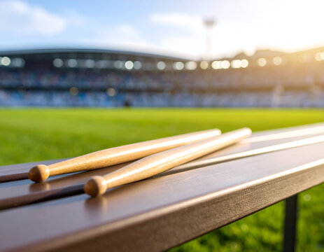A pair of wooden drumsticks resting on a brown wooden bench in front of an out-of-focus stadium field under bright sunlight.