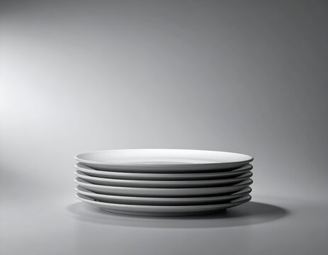 A stack of six plain white ceramic dinner plates centered on a neutral grey surface with soft lighting and shadow.
