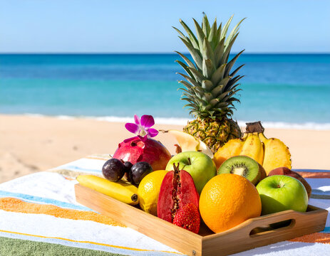 A wooden tray with a variety of fresh tropical fruits including pineapple, bananas, orange, kiwi, and apples, sitting on a striped towel on a sandy beach.
