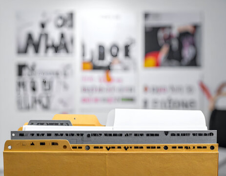 A yellow hanging file folder containing document papers in the foreground with a blurred office studio setting in the .