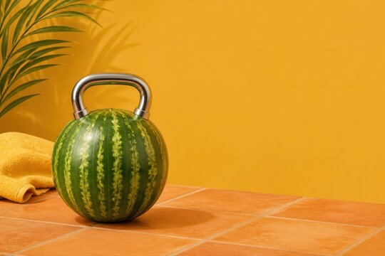 Watermelon kettlebell fitness concept on orange tiled background