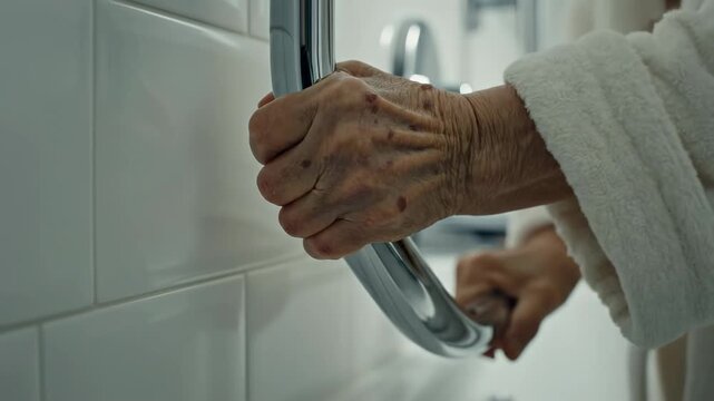 A hand grips a grab bar in a bathroom. The setting shows a focus on daily tasks. This moment highlights the importance of safety in the home
