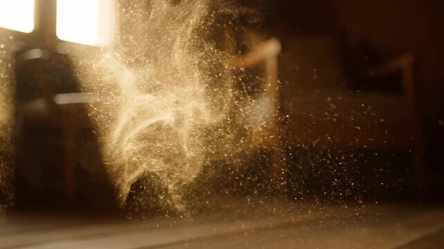 Dust particles dance in the light that comes through the window of a dimly lit room. The warm glow creates a cozy feeling as the dust settles gently on the floor