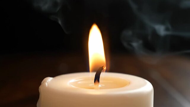 A candle burns brightly in a dark room. The flame flickers gently as it lights up the space around it. The wax melts slowly, creating a warm atmosphere during the evening